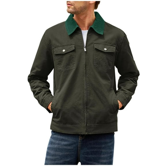 Full Zip Jackets for Men Fall Trendy Casual Cargo Jacket Outwear Lapel Neck Coat with Pockets Fall Spring Winter (S, Army Green)