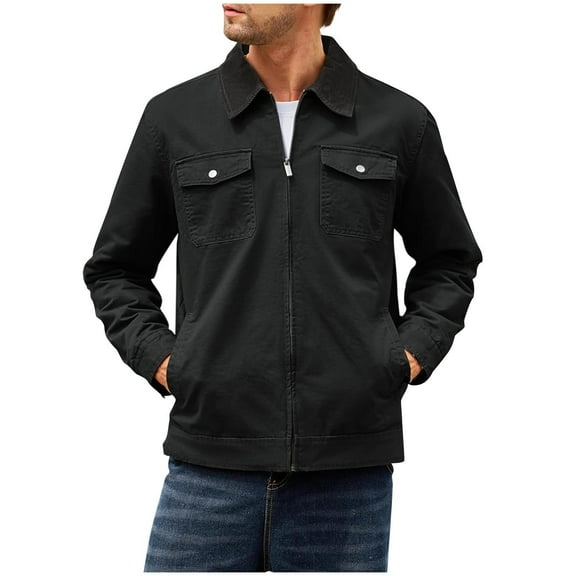 Full Zip Jackets for Men Fall Trendy Casual Cargo Jacket Outwear Lapel Neck Coat with Pockets Fall Spring Winter (S, Black)