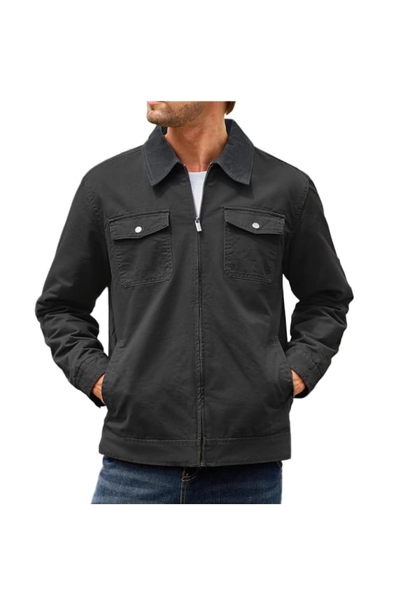 Full Zip Jackets for Men Fall Trendy Casual Cargo Jacket Outwear Lapel Neck Coat with Pockets Fall Spring Winter (S, Gray)