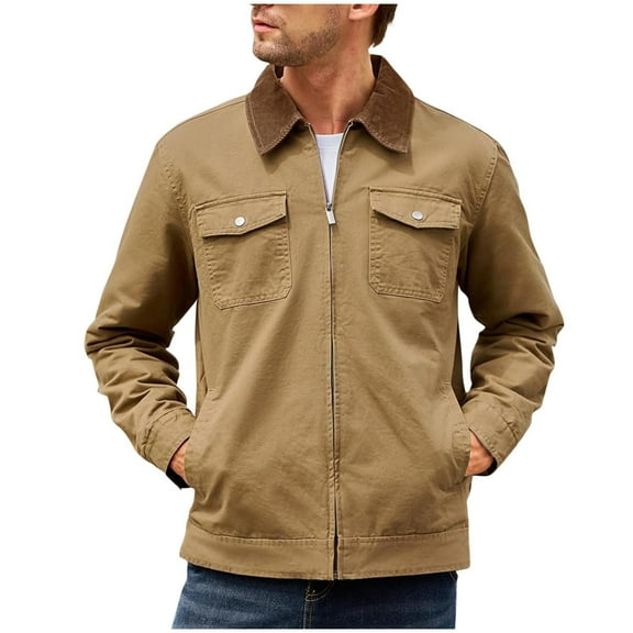 Full Zip Jackets for Men Fall Trendy Casual Cargo Jacket Outwear Lapel Neck Coat with Pockets Fall Spring Winter (S, Khaki)