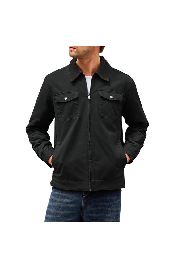 Full Zip Jackets for Men Fall Trendy Casual Cargo Jacket Outwear Lapel Neck Coat with Pockets Fall Spring Winter (XL, Black)