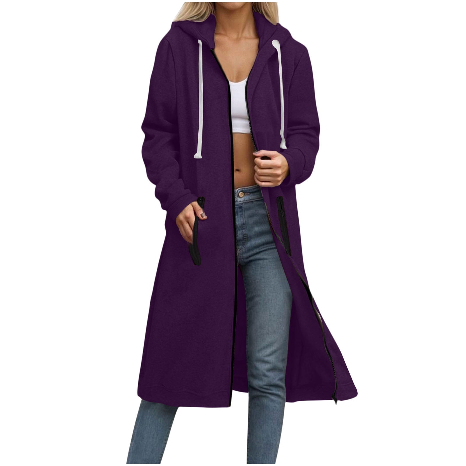 Full Zip Long Hoodie Jackets for Women Oversized Cotton Fleece
