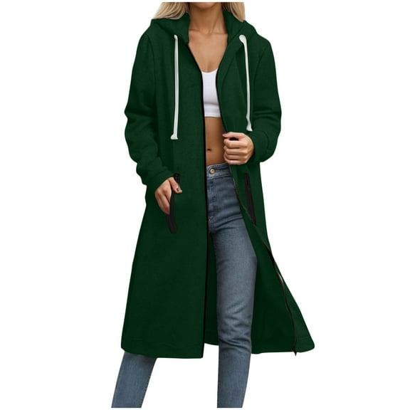 Full Zip Long Hoodie Jackets for Women Oversized Cotton Fleece Knee Length Zipper Pocketed Winter Sweatshirt Coat (XL, Green)