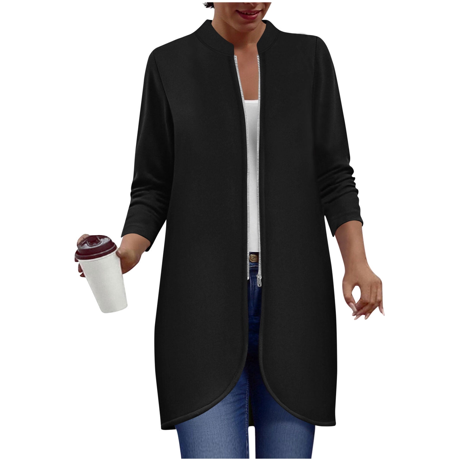 Full Zip Long Jacket for Women Fall Spring Winter Outwear No Hood