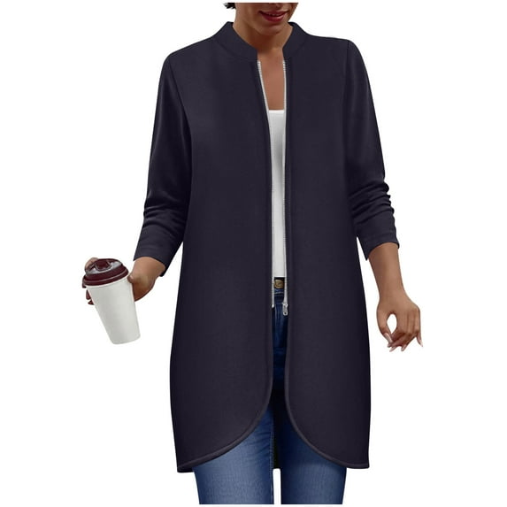 Full Zip Long Jacket for Women Fall Spring Winter Outwear No Hood Casual Mid-length Sweatshirt Coat with Pocket (2XL, Navy)