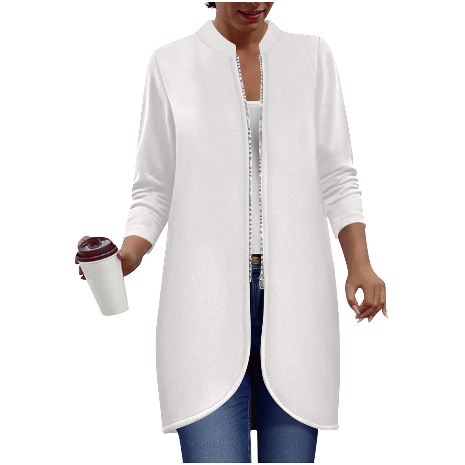 Full Zip Long Jacket for Women Fall Spring Winter Outwear No Hood