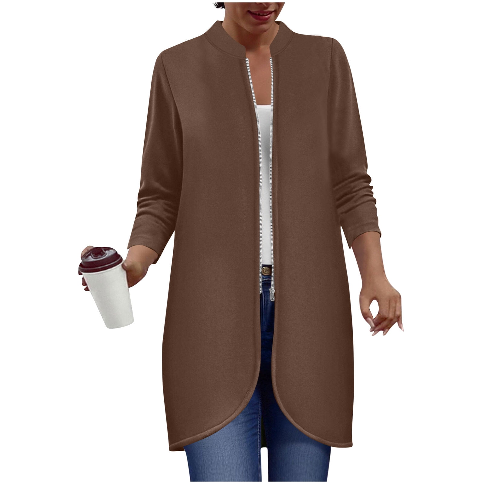 Full Zip Long Jacket for Women Fall Spring Winter Outwear No Hood