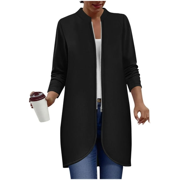 Full Zip Long Jacket for Women Fall Spring Winter Outwear No Hood Casual Mid-length Sweatshirt Coat with Pocket (XL, Black)