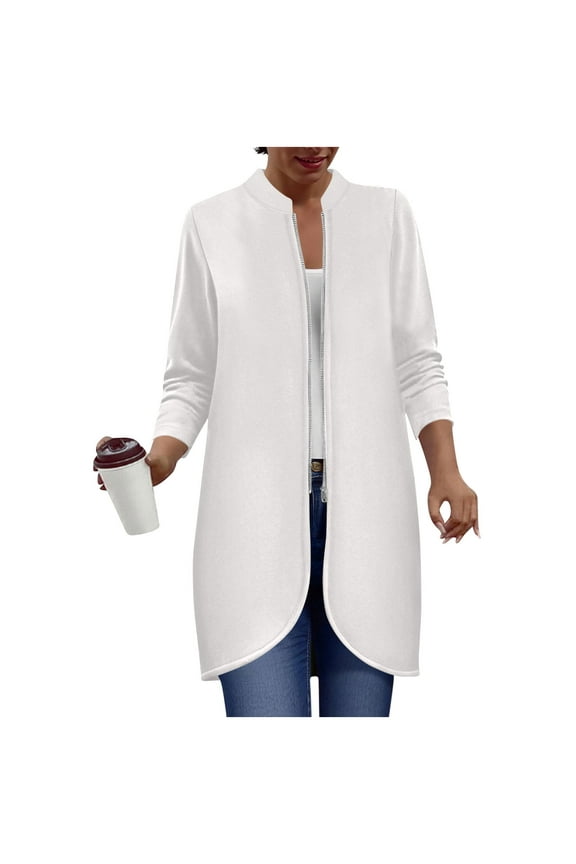 Full Zip Long Jacket for Women Fall Spring Winter Outwear No Hood Casual Mid-length Sweatshirt Coat with Pocket (XL, White)