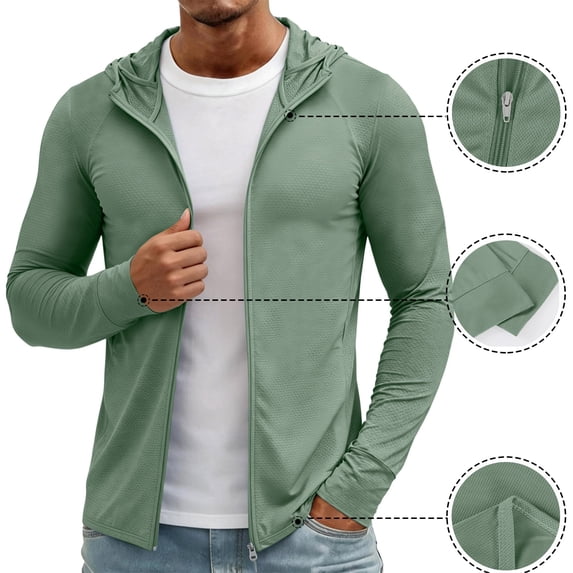 Full-Zip Men's Lightweight Hoodie UPF 50+ Breathable Sun Protection Jacket with Pockets for Golf, Fishing, Hiking Green M