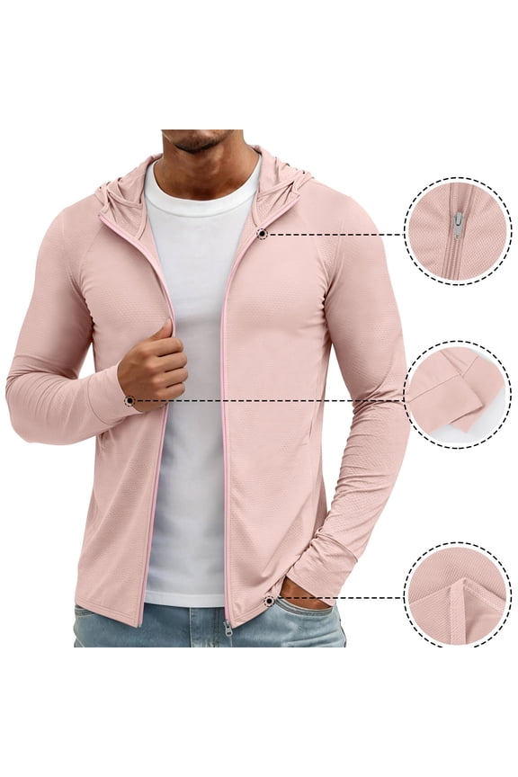 Full-Zip Men's Lightweight Hoodie UPF 50+ Breathable Sun Protection Jacket with Pockets for Golf, Fishing, Hiking Pink L