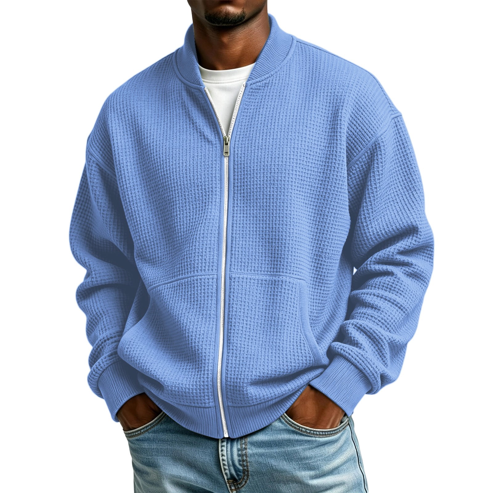 Full Zip Men's Waffle Jacket Long Sleeve Casual Cardigan with Ribbed ...