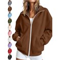 thumbnail image 1 of Full Zip Mock Neck Sweatshirt for Women Oversized Long Sleeve Solid Casual Basic Fall Winter Everyday Jacket, 1 of 9