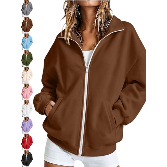 Full Zip Mock Neck Sweatshirt for Women Oversized Long Sleeve Solid Casual Basic Fall Winter Everyday Jacket