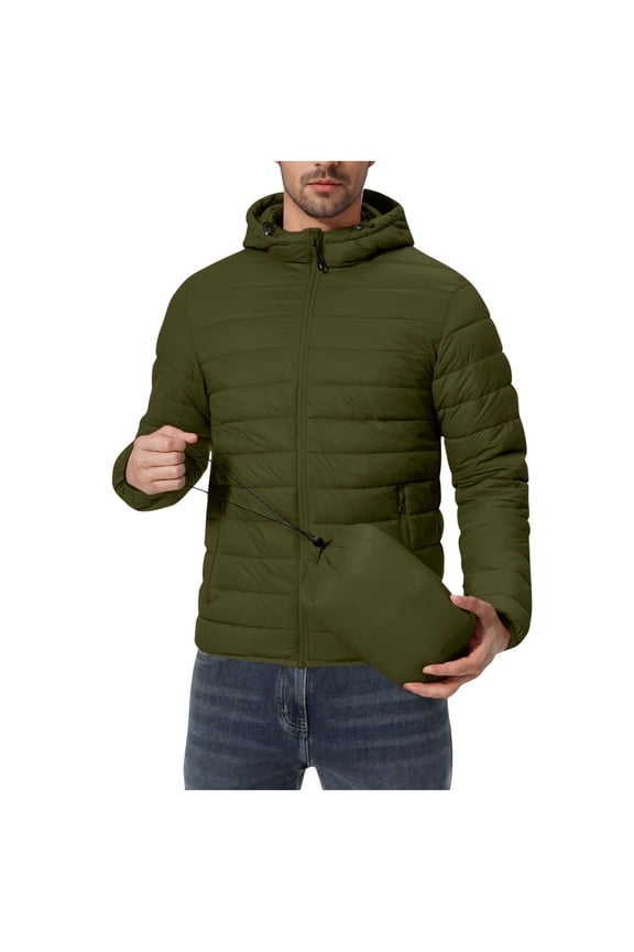 Full-Zip Puffer Jackets Mens Packable Waterproof Windproof Lightweight Hooded Raincoat Quilted Puffy Winter Coat (2XL, Army Green)