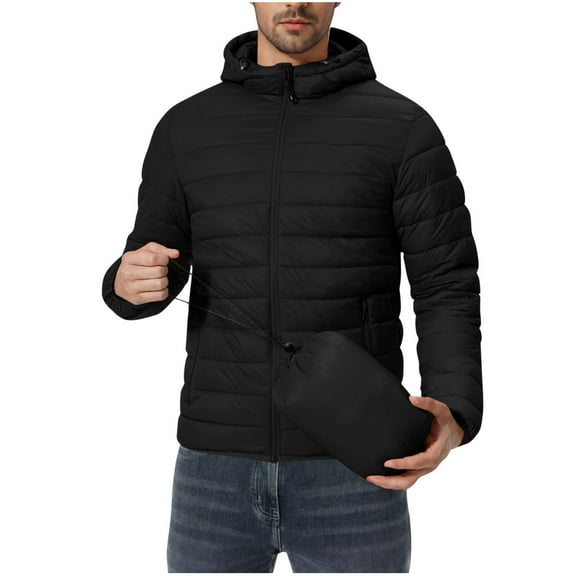 Full-Zip Puffer Jackets Mens Packable Waterproof Windproof Lightweight Hooded Raincoat Quilted Puffy Winter Coat (2XL, Black)