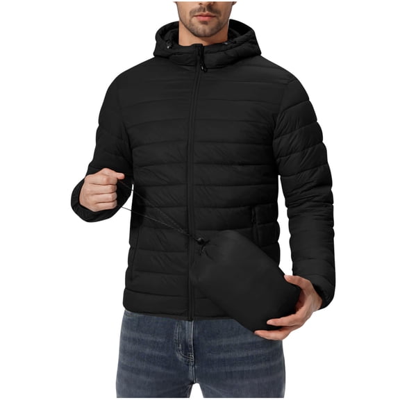 Full-Zip Puffer Jackets Mens Packable Waterproof Windproof Lightweight Hooded Raincoat Quilted Puffy Winter Coat (L, Black)