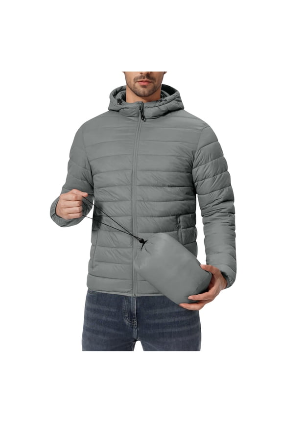 Full-Zip Puffer Jackets Mens Packable Waterproof Windproof Lightweight Hooded Raincoat Quilted Puffy Winter Coat (XL, Gray)