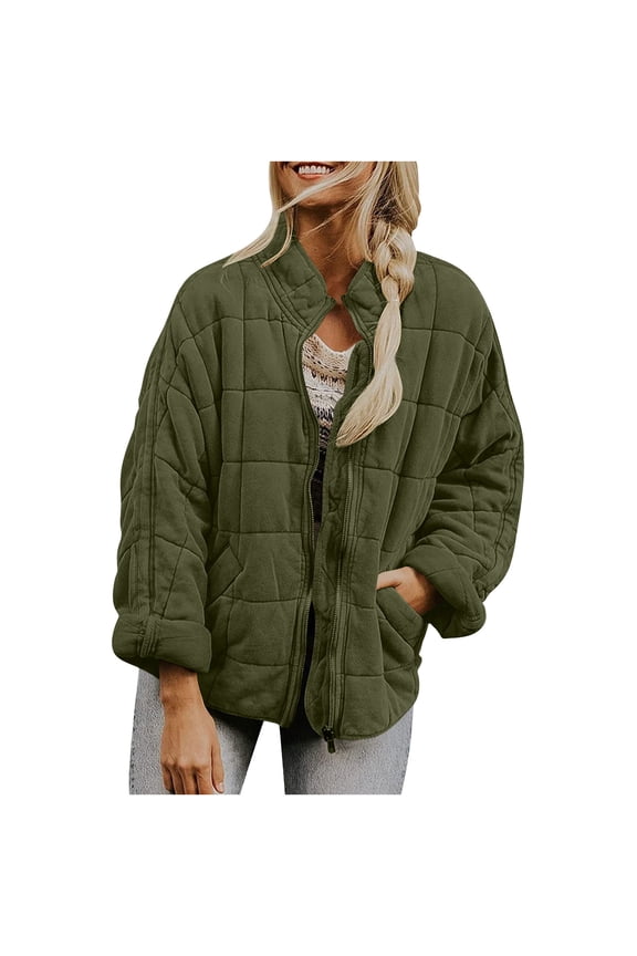 Full Zip Quilted Jacket for Women Cotton Down Puffy Coat Winter Casual Warm Loose Light Outerwear with Pockets (L, Army Green)
