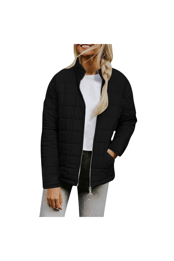Full Zip Quilted Jacket for Women Cotton Down Puffy Coat Winter Casual Warm Loose Light Outerwear with Pockets (XL, Black)