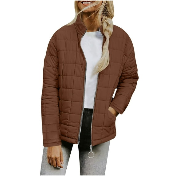 Full Zip Quilted Jacket for Women Cotton Down Puffy Coat Winter Casual Warm Loose Light Outerwear with Pockets (XL, Brown #A)