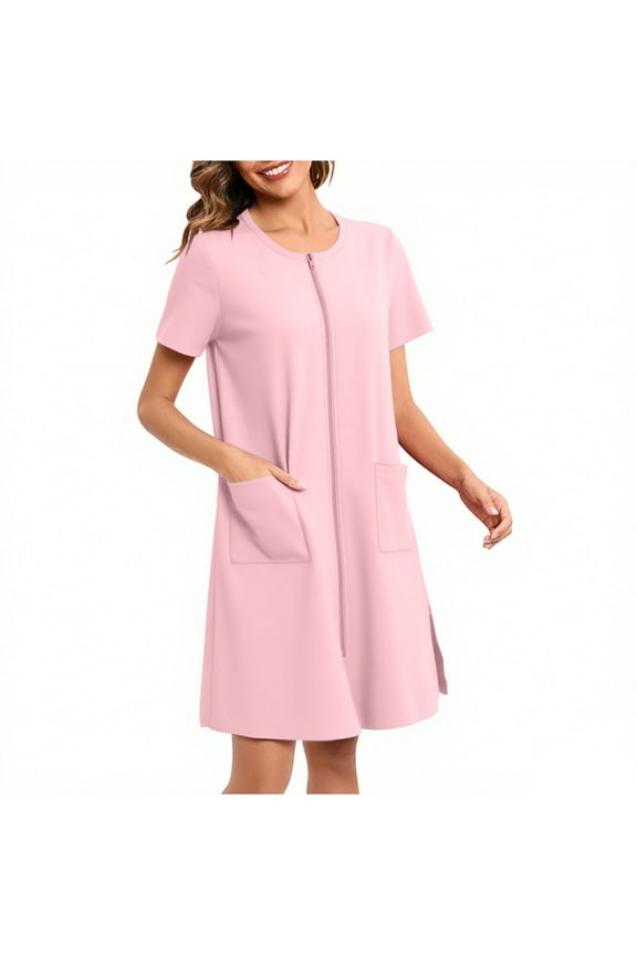 Full Zip Robes for Women Midi Lenght Bathrobe Lightweight Short Sleeves Robe Soft Sleepwear with Pockets