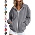 thumbnail image 1 of Full Zip Sweatshirt for Women Oversized Stand Collar Long Sleeve Solid Casual Basic Fall Winter Everyday Jacket, 1 of 9