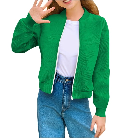 Full Zip Track Jackets for Girls Boys Textured Lightweight Jackets Casual Stand Collar Coat Fall Outerwear Camping Walking Hiking Green 5 Years