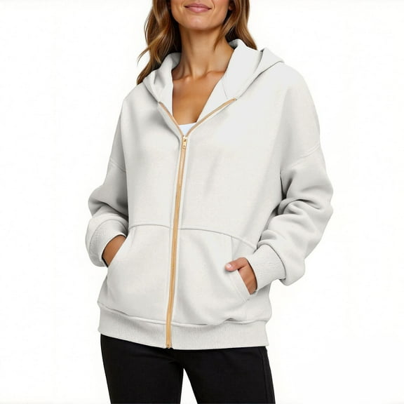 Full Zip Up Hoodie Jackets for Women Trendy Casual Pockets Long Sleeve Front Zipper Sweatshirt Jacket with Hood, White XL