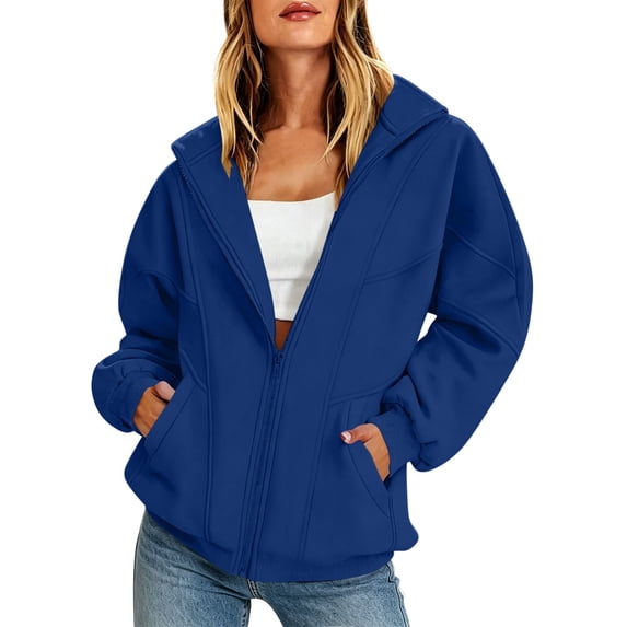 Full Zip Up Sweatshirt Women No Hood Fall Trendy Casual Loose Long Sleeve Light Weight Workout Collared Jacket Pockets, Navy, M
