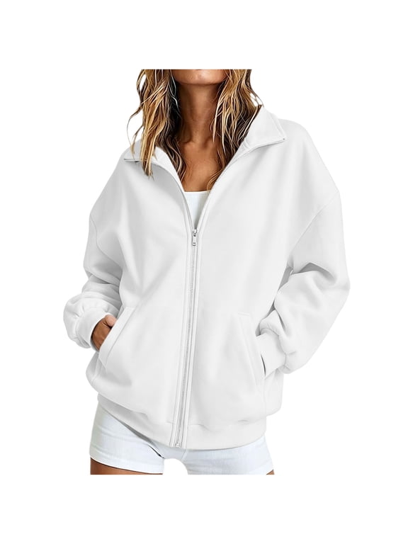 Full Zip Up Sweatshirt Women No Hood Fall Winter Trendy Casual Loose Long Sleeve Workout Collared Jacket with Pockets