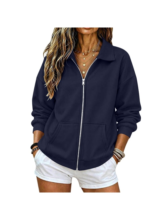 Full Zip Up Sweatshirt Women No Hood Oversized Casual Long Sleeve Collared Jacket 2026 Fall Winter Loose Clothes, S-3XL