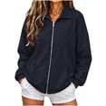 thumbnail image 1 of Full Zip Up Sweatshirt Women No Hood - Oversized Loose Casual Long Sleeve Collared Jacket 2026 Fall Winter Clothes, Dark Blue, M, 1 of 6