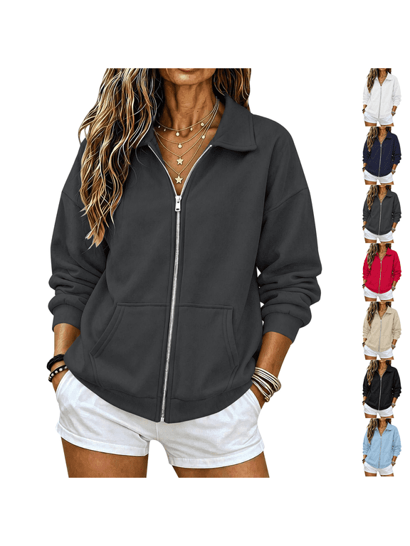 Full Zip Up Sweatshirt Women No Hood - Oversized Loose Casual Long Sleeve Collared Jacket 2026 Fall Winter Clothes Dark Gray S