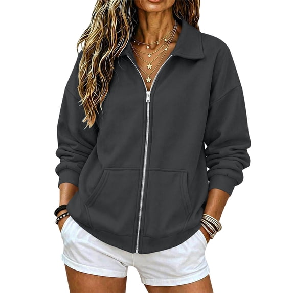 Full Zip Up Sweatshirt Women No Hood - Oversized Loose Casual Long Sleeve Collared Jacket 2026 Fall Winter Clothes Dark Gray,S