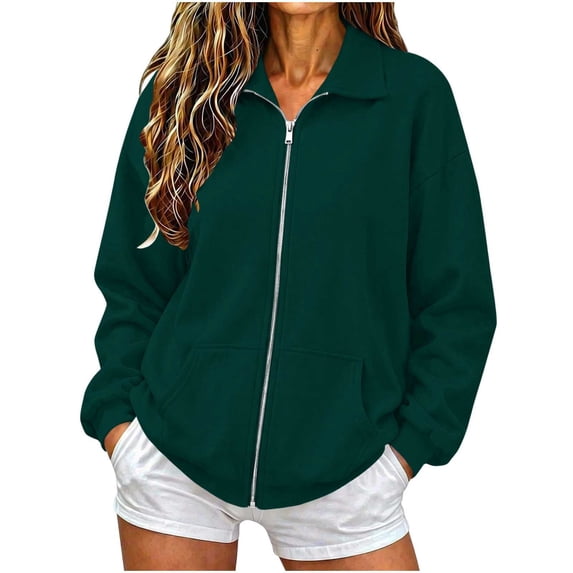 Full Zip Up Sweatshirt Women No Hood - Oversized Loose Casual Long Sleeve Collared Jacket 2026 Fall Winter Clothes, Green, M