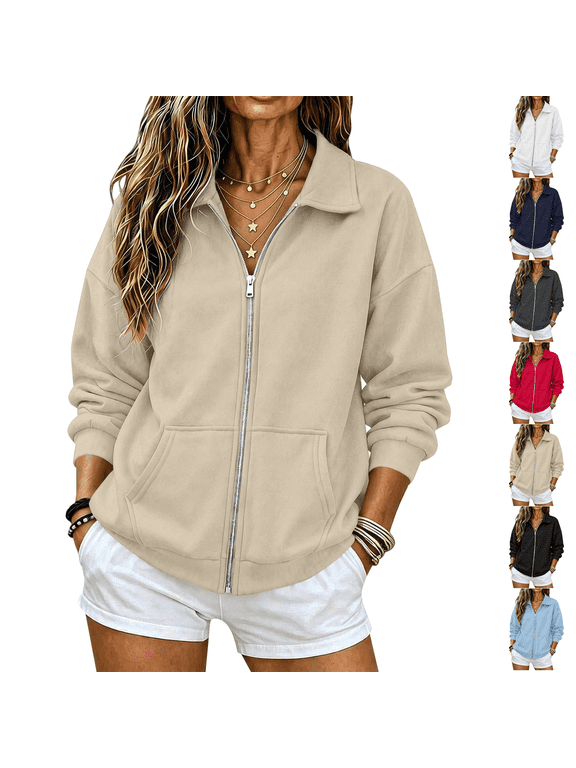 Full Zip Up Sweatshirt Women No Hood - Oversized Loose Casual Long Sleeve Collared Jacket 2026 Fall Winter Clothes Khaki XL