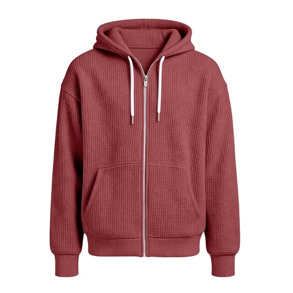 Full Zip Waffle Knit Hoodies For Men Sweatshirt Hooded Cardigan With Pocket Loose Fit Drawstring Athletic Jackets