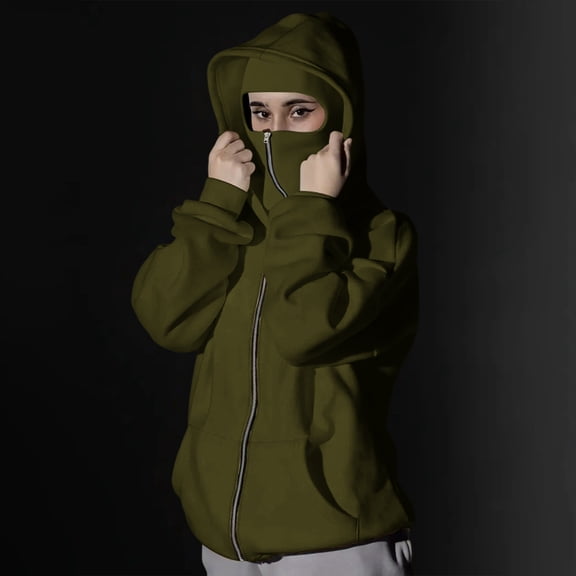 Full Zip up Casual Hoodies for Women with Mask Wind Oversized Sweatshirt Fleece Jackets Fall Winter Coats New Plus Size Jacket for Women Army Green S