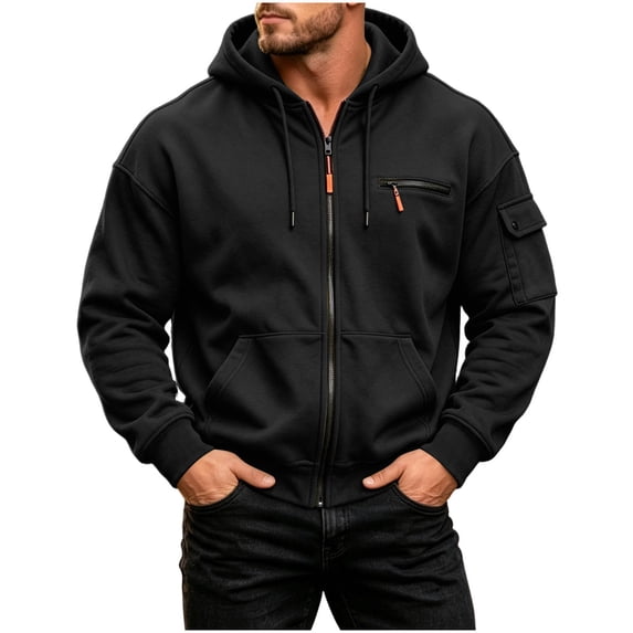 Full Zip up Hoodie for Men - Fleece Long Sleeve Drawstring Sweatshirt Jacket - Loose Fall Hooded Outerwear with Pockets