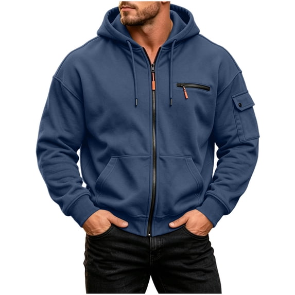Full Zip up Hoodie for Men - Fleece Long Sleeve Drawstring Sweatshirt Jacket - Loose Fall Hooded Outerwear with Pockets