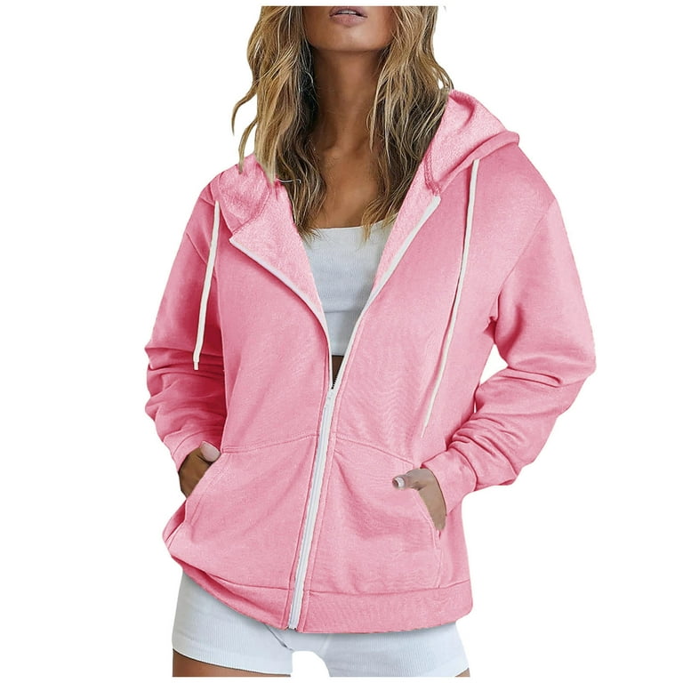 Full Zip-up Jackets with Pockets for Women Cotton Fleece Plain Hoodie  Outwear Drawstring Hooded Sweatshirt Coat (Large, Pink 01)