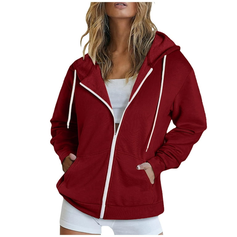 Full Zip-up Jackets with Pockets for Women Cotton Fleece Plain Hoodie  Outwear Drawstring Hooded Sweatshirt Coat (Large, Wine 01)