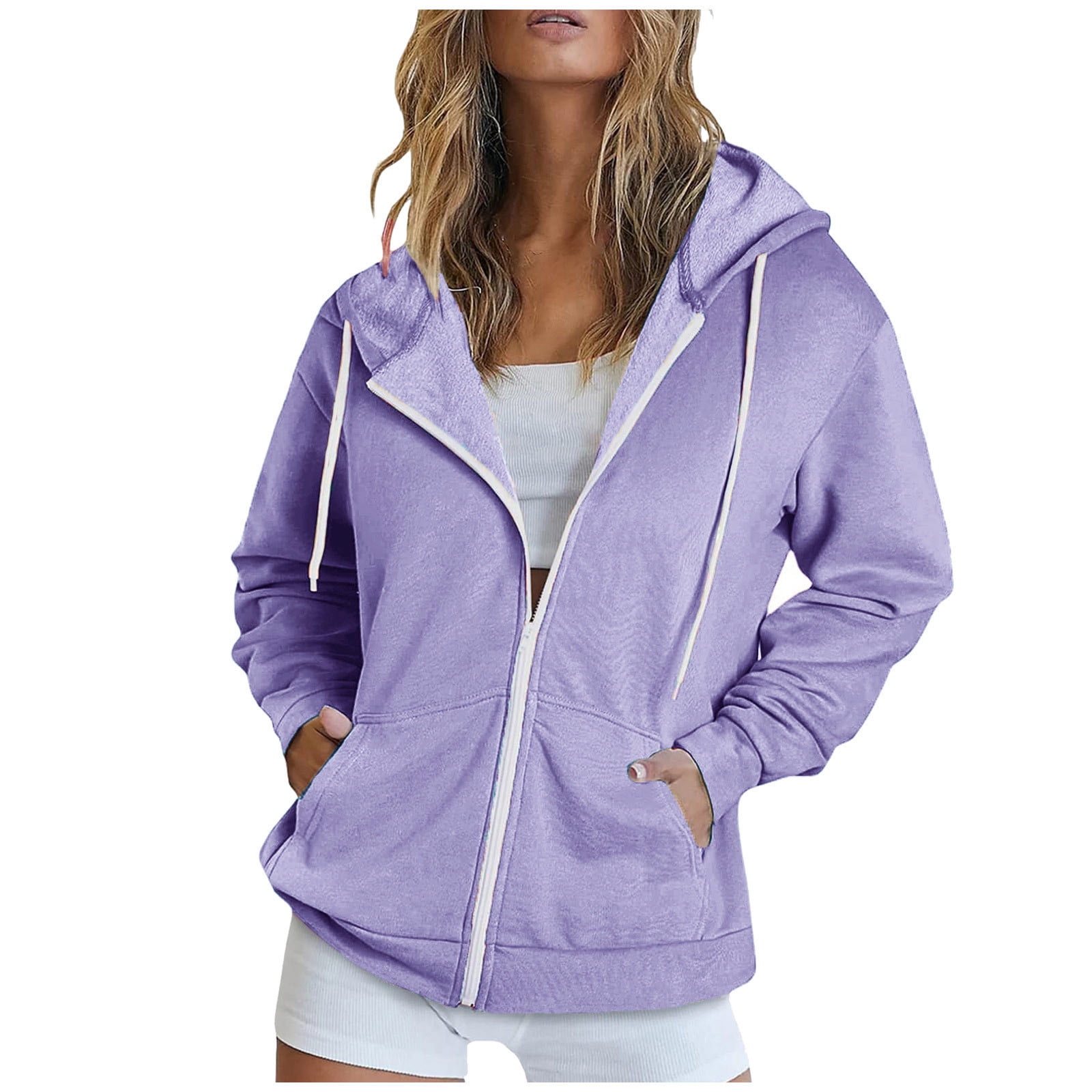 Full Zip Up Jackets with Pockets for Women Cotton Fleece Plain Hoodie Outwear Drawstring Hooded Sweatshirt Coat M Purple 01