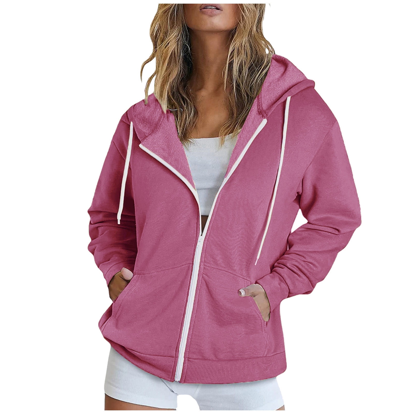 Full Zip-up Jackets with Pockets for Women Cotton Fleece Plain Hoodie  Outwear Drawstring Hooded Sweatshirt Coat (Small, Hot Pink 01) 