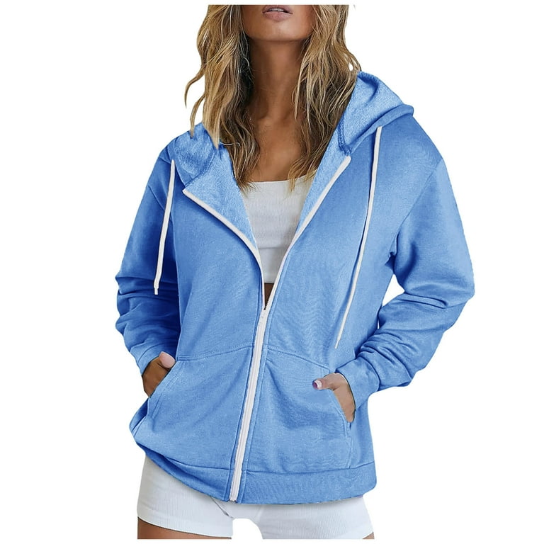 AKOEE Full Zip Up Jackets with Pockets for Women Cotton Fleece Plain Hoodie Outwear Drawstring Hooded Sweatshirt Coat Small Sky Blue 01 Women s