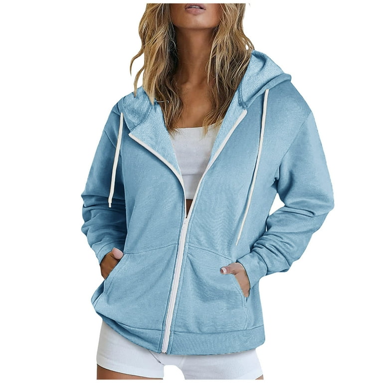 Full Zip-up Jackets with Pockets for Women Cotton Fleece Plain Hoodie  Outwear Drawstring Hooded Sweatshirt Coat (X-Large, Light Blue 01)