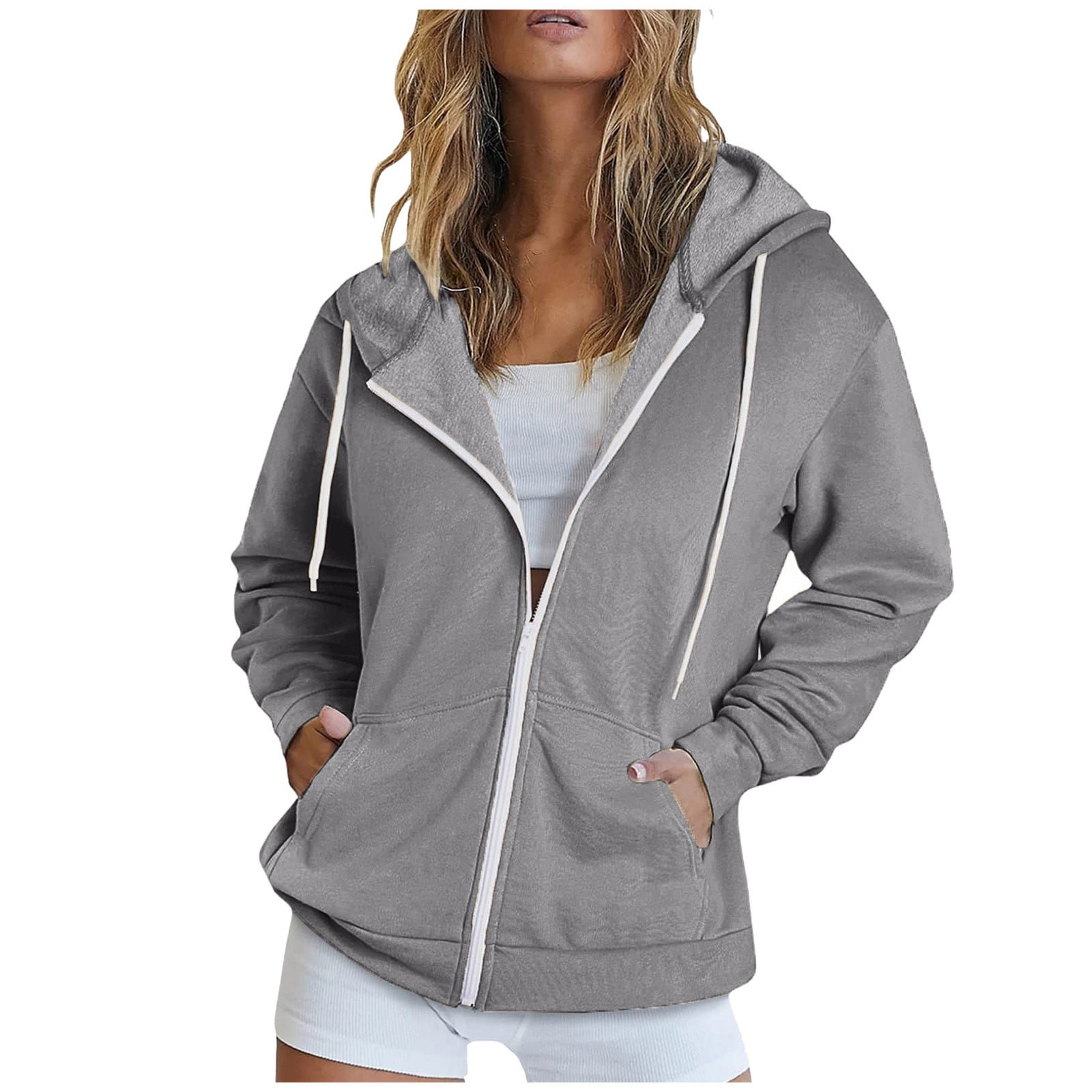 Full Zip-up Jackets with Pockets for Women Cotton Plain Hoodie Outwear ...