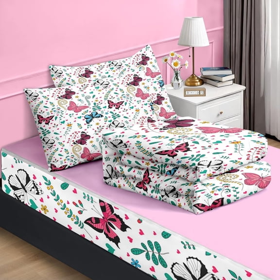 Full Zipper Bedding, Butterfly Zipper Bedding Sets for Girls, 3pcs All in one, Colorful Flower Leaves Kids Comforter Set with Fitted Sheet and 2 Pillowcases
