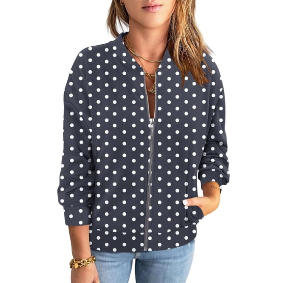 Full Zipper Jacket Womens Colorblock Fashion Casual Hoodless Bomber Coat Loose Lightweight Fall Spring Outwear (M, Navy|Dots)
